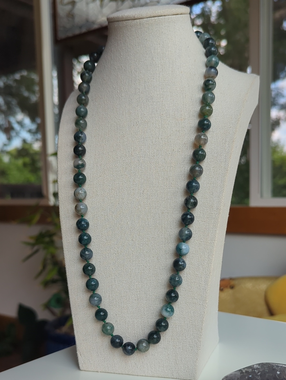 Green Moss Agate Hand Knotted Beaded Necklace - 26"